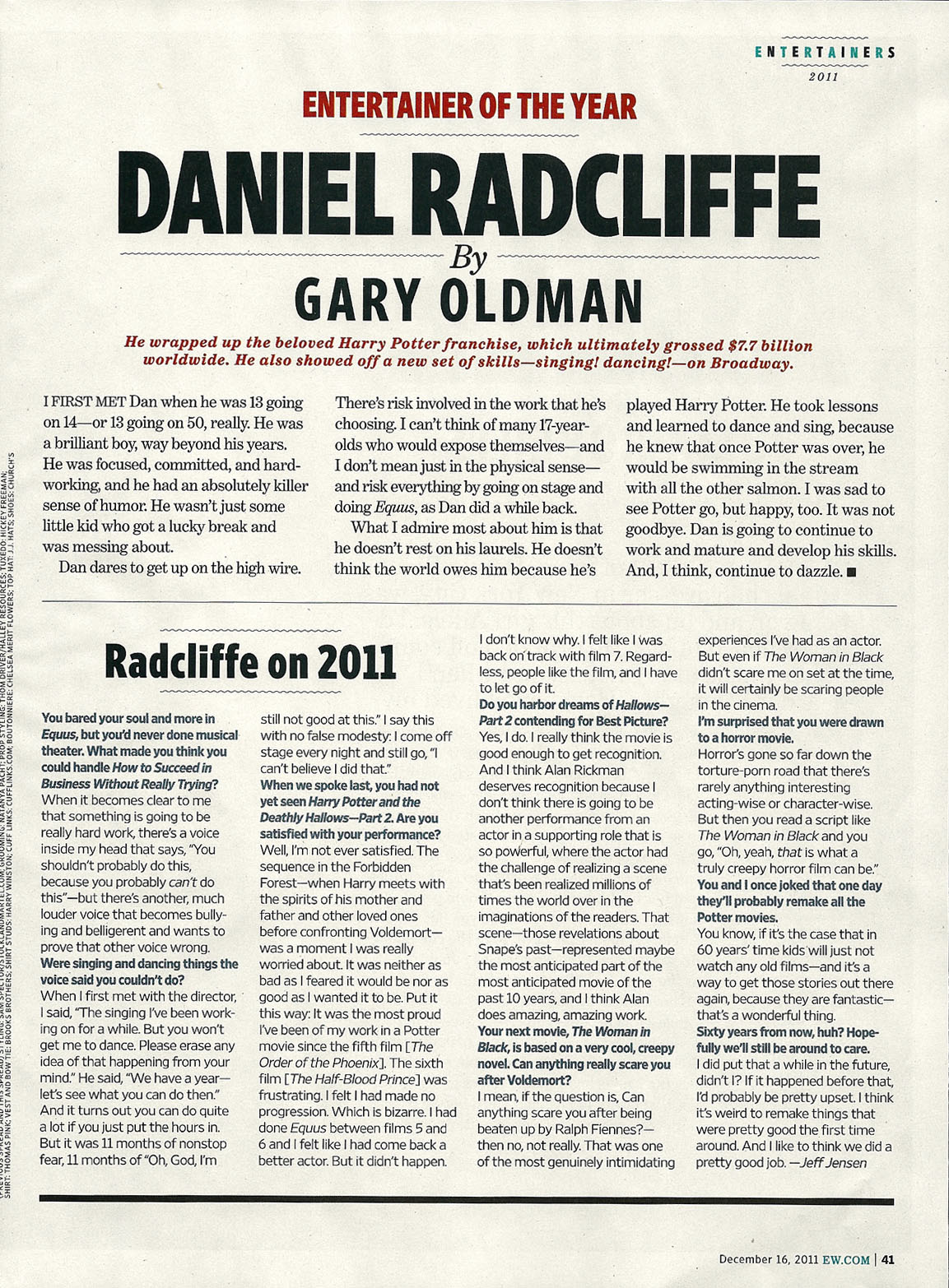 Full Daniel Radcliffe EW 2011 Entertainer of the Year feature, Gary Oldman  intro - SnitchSeeker.com